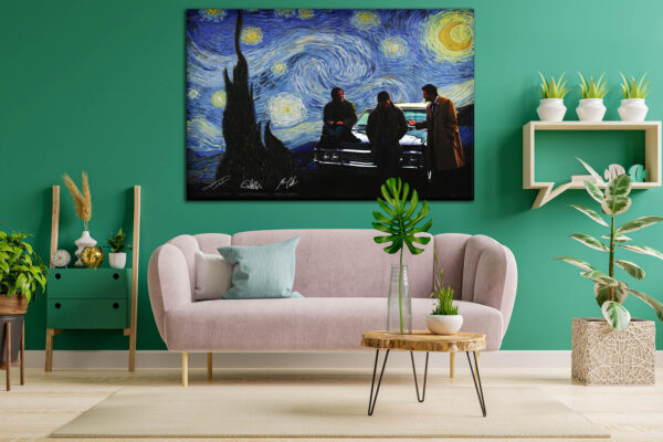 Supernatural Canvas with Jensen, Jared & Misha's Signatures in Van Gogh Starry Night theme | Supernatural Wall Art