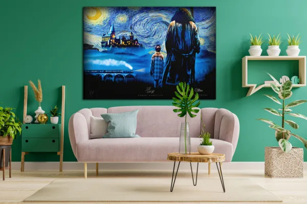 Harry Potter Canvas, Hagrid & Hogwarts inspired Painting in Starry Night Theme Canvas