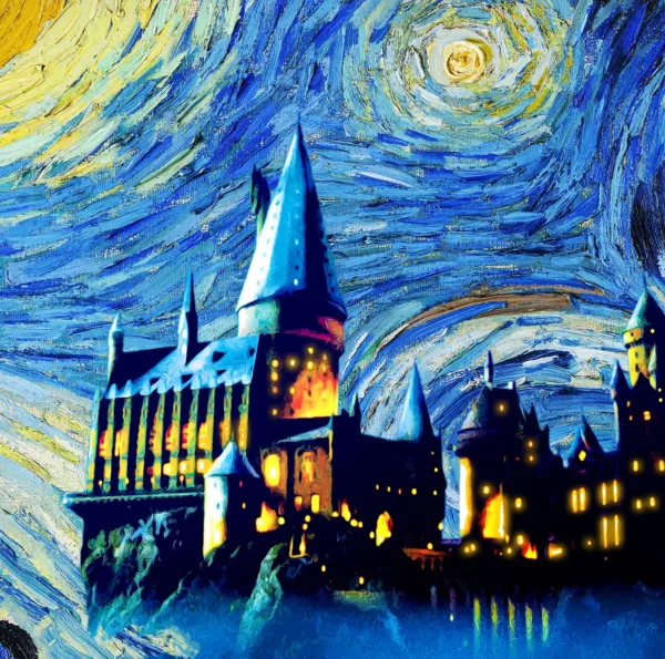 Harry Potter Canvas, Hagrid & Hogwarts inspired Painting in Starry Night Theme Canvas